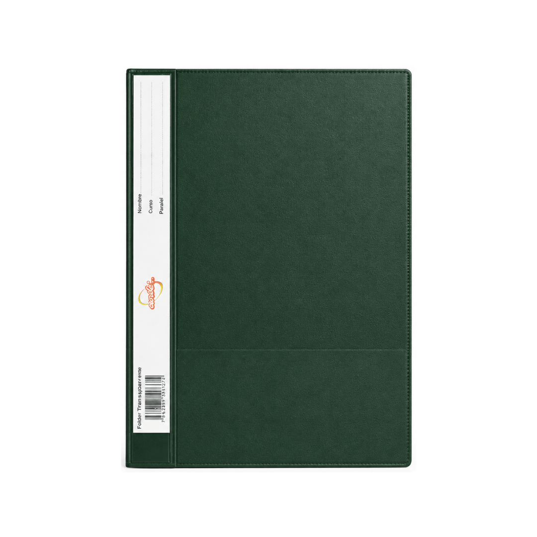 CARPETA CUBIERTA TRANSPARENTE VERDE OSCURO ESCRIBE CON VINCHA