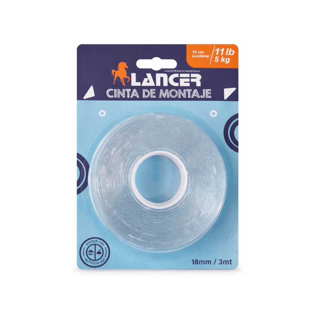CINTA LANCER DE MONTAJE FILM CLEAR DOBLE CARA 18MM X 3MT X 2MM