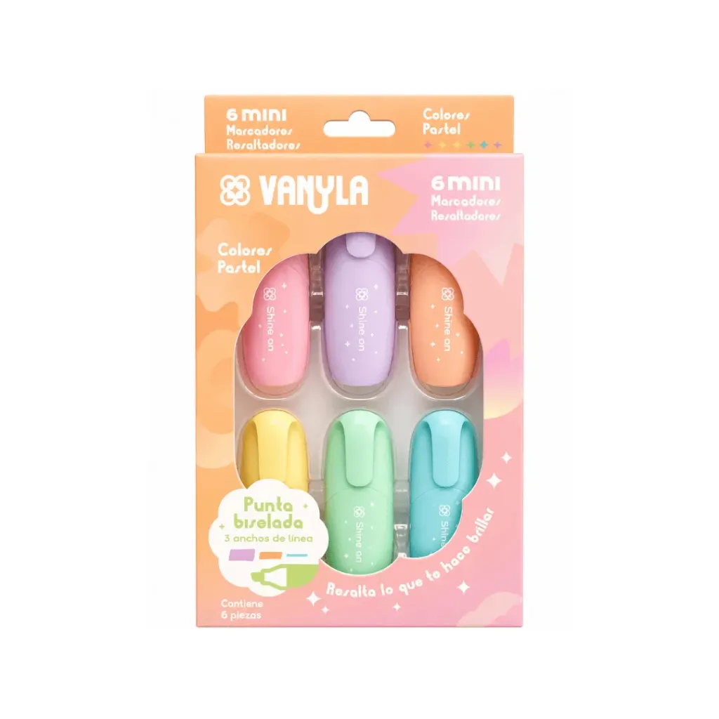 RESALTADOR MINI VANYLA DE 6 UNIDADES PASTEL CAJA PLÁSTICA