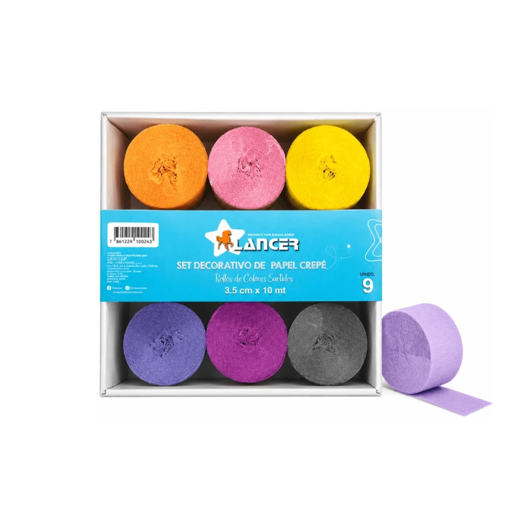 SET DE 9 ROLLOS DE PAPEL CREPÉ COLORES SURTIDOS - 3.5CM X 10 METROS