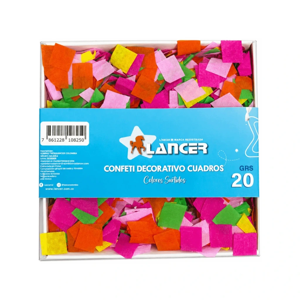 CONFETI DECORATIVO 20GR DE CUADROS COLORES SURTIDOS