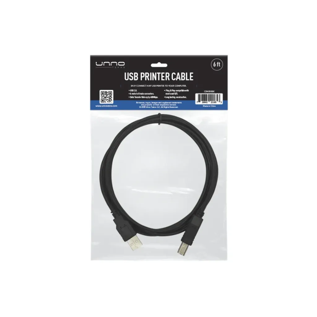 CABLE DE IMPRESORA USB UNNO CB4006BK/ 1.8M / PLUG -AMP; PLAY/TIPO A-B