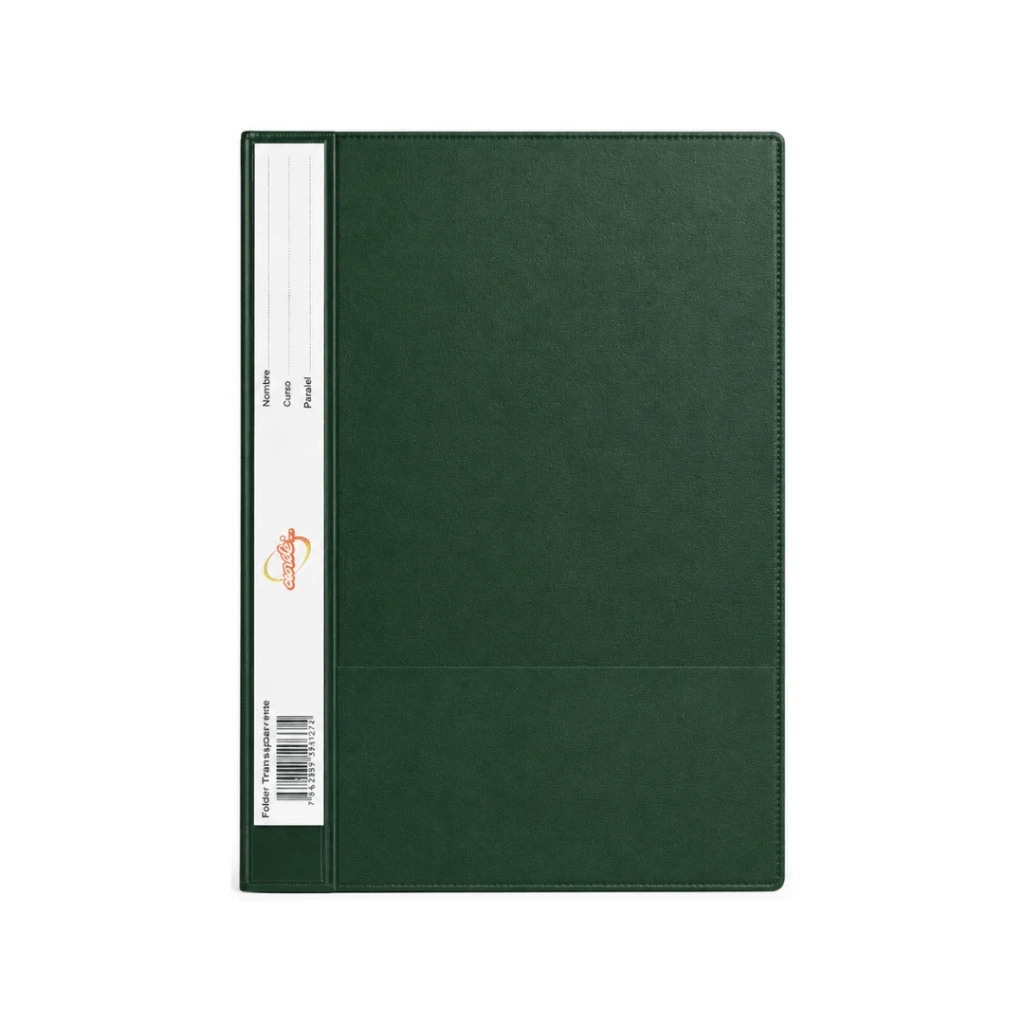 CARPETA CUBIERTA TRANSPARENTE VERDE OSCURO ESCRIBE CON VINCHA
