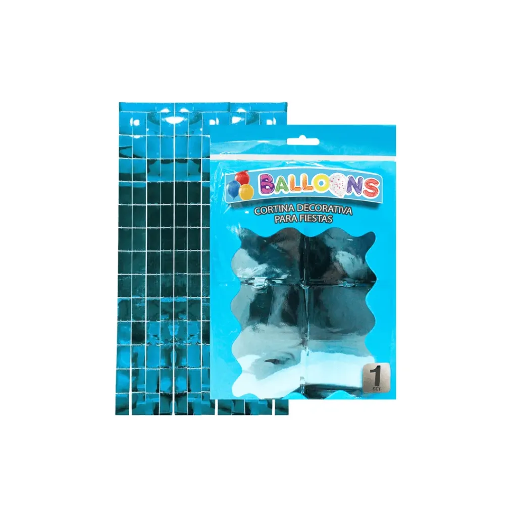 CORTINA DECORATIVA PARA FIESTA CUADROS METALIZADOS CELESTE