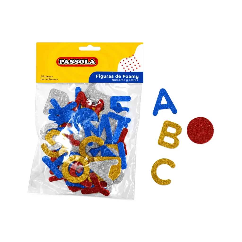 FOAMY PASSOLA FIGURA ADHESIVAS LETRAS Y VOCALES ESCARCHADAS 60 PIEZAS (COLORES SURTIDOS)