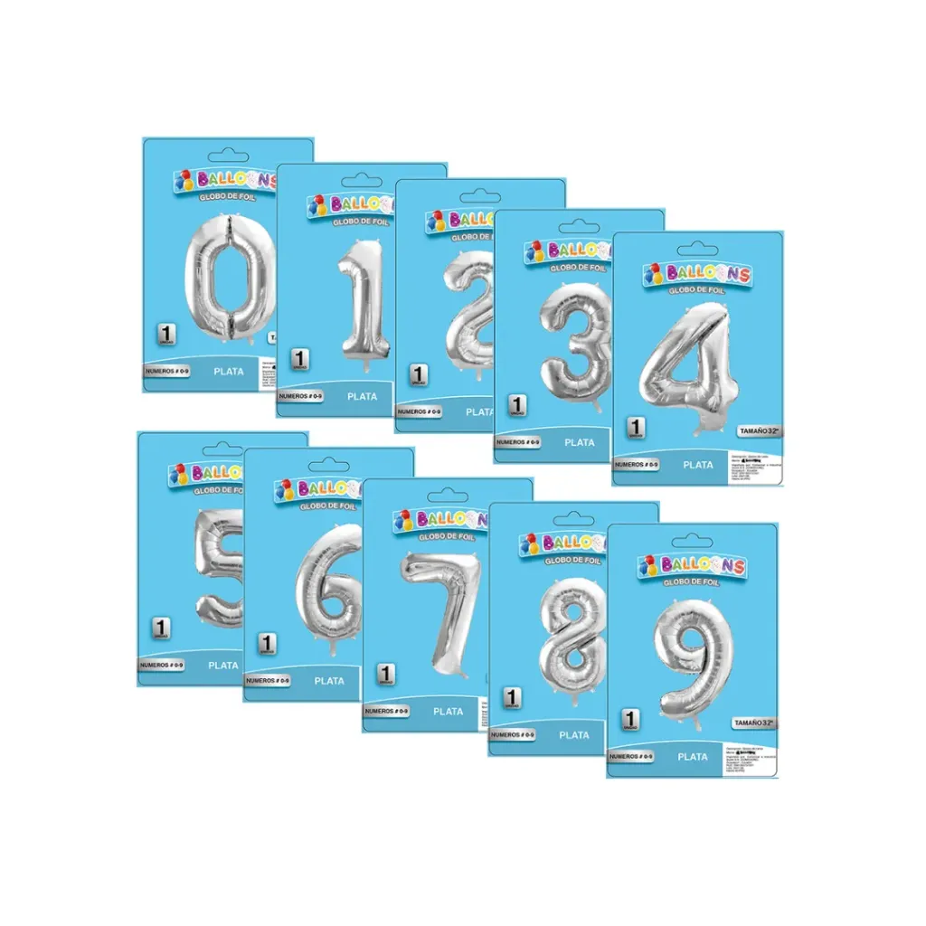 GLOBO DE FOIL 16 PULGADAS NÚMERO 0-9 PLATA