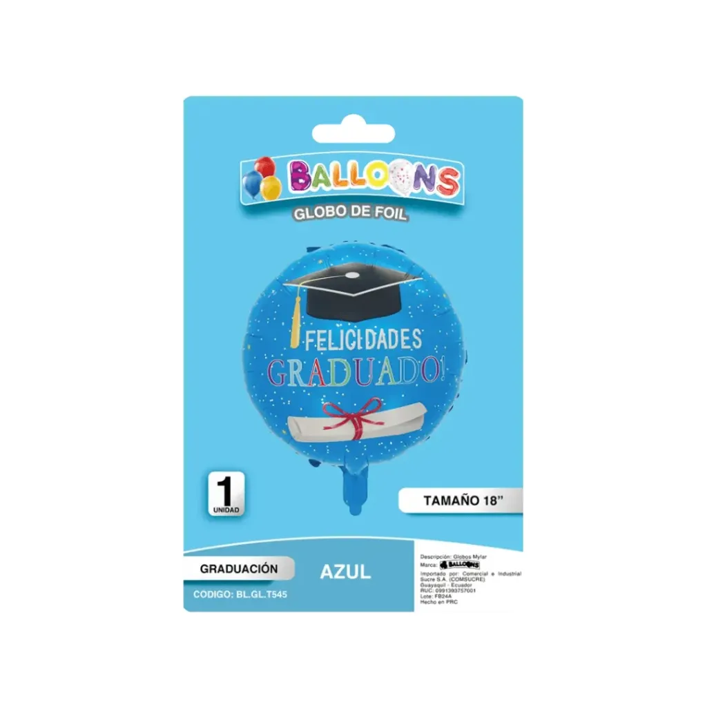GLOBO DE FOIL 45CM REDONDO GRADUACIÓN - AZUL 18 PULG.