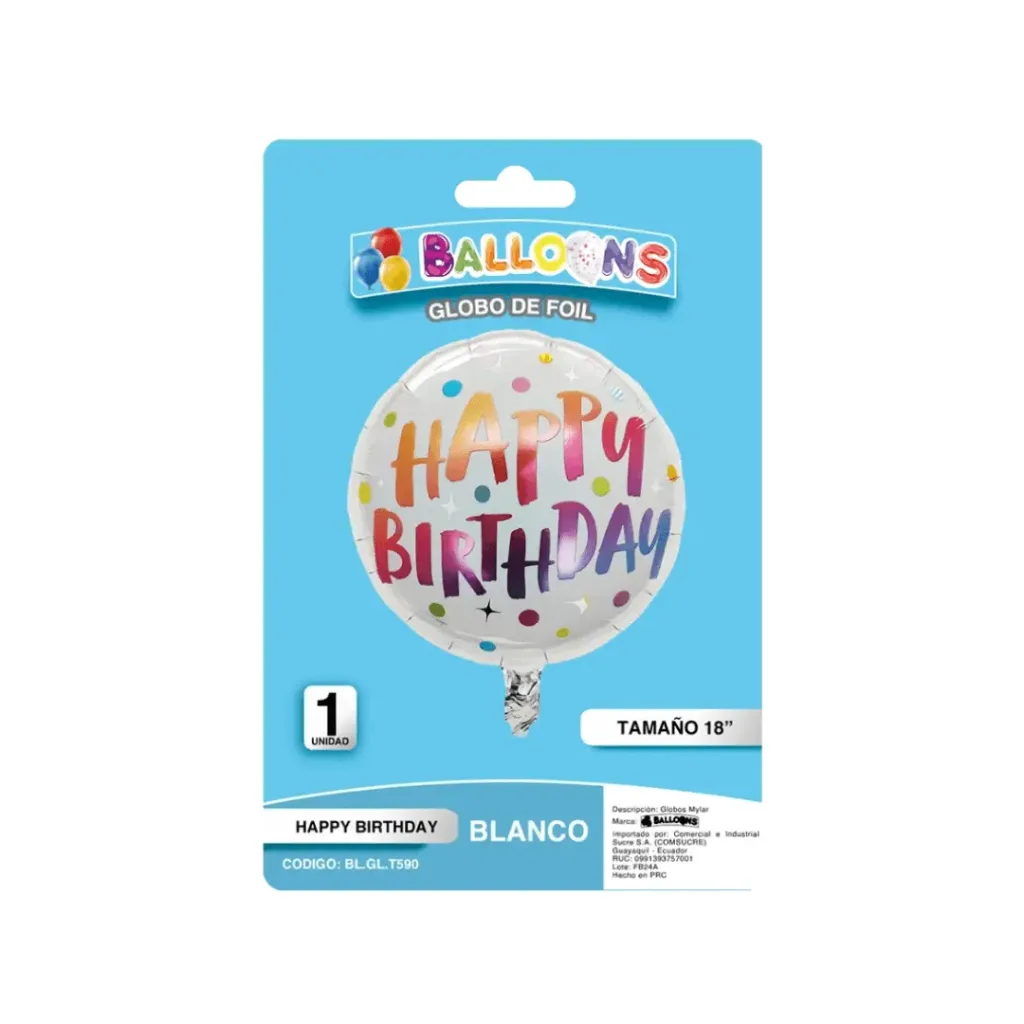 GLOBO DE FOIL 45CM REDONDO HAPPY BIRTHDAY - BLANCO