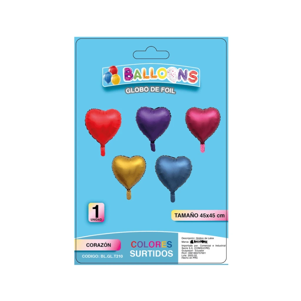 GLOBO DE FOIL 45X45CM CORAZÓN-COLORES SURTIDOS