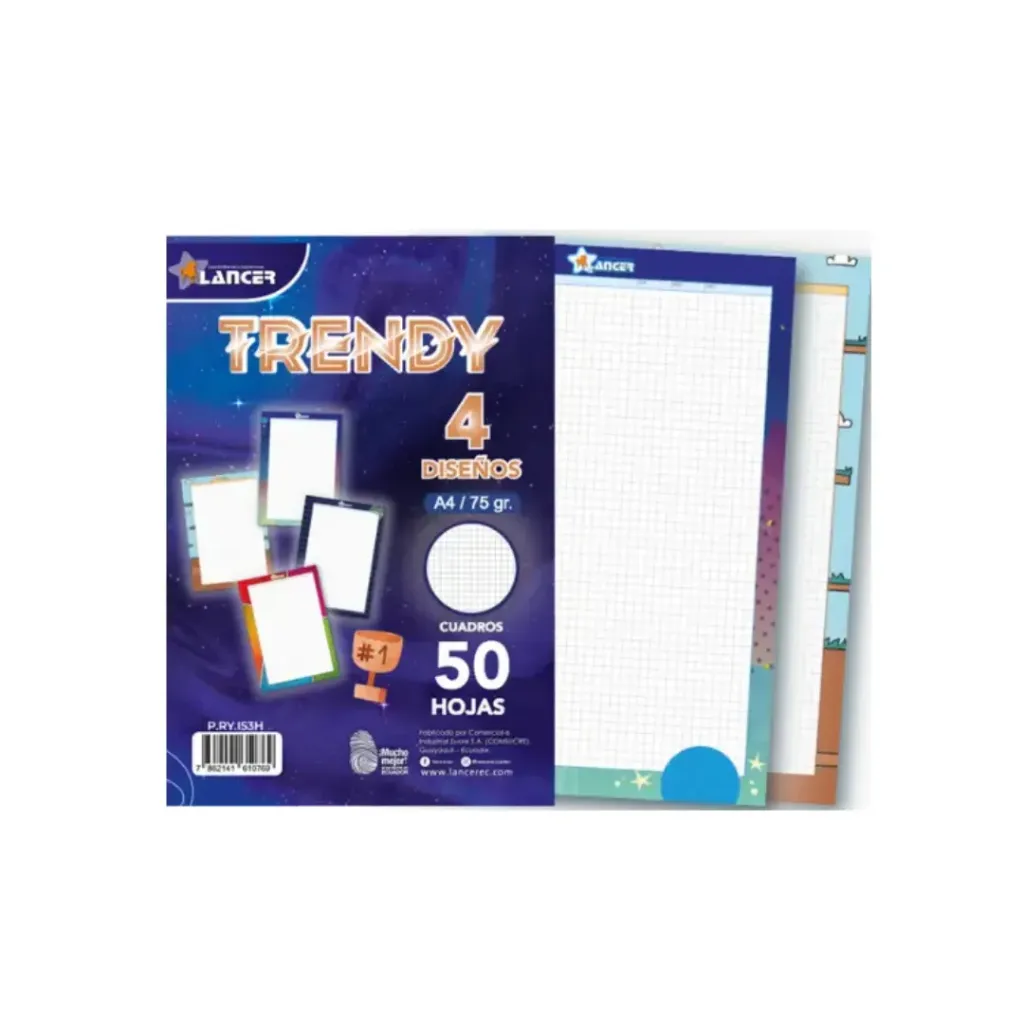 HOJAS A4 CUADROS 75 GRS TRENDY HOMBRE LANCER X 50 CON DISEÑO (RAYA AZUL)