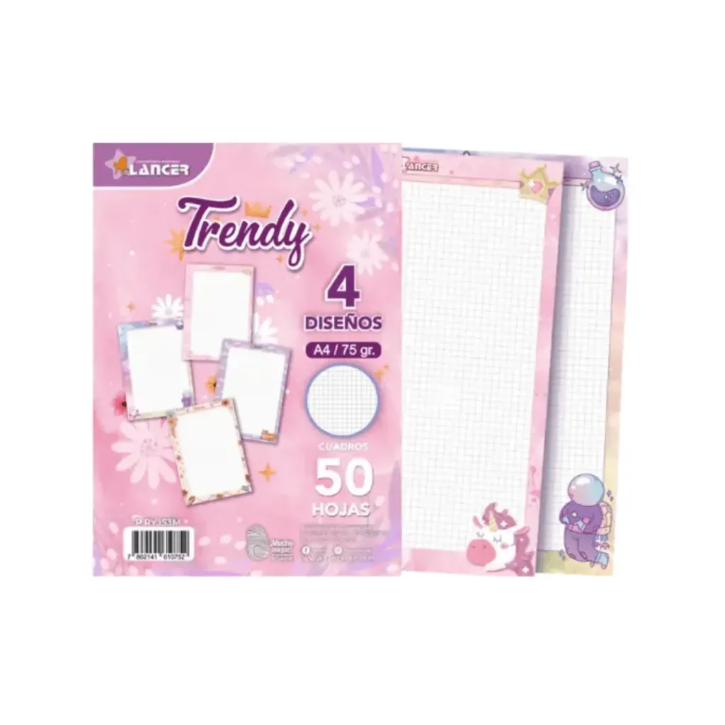 HOJAS A4 CUADROS 75 GRS TRENDY MUJER LANCER X 50 CON DISEÑO (RAYA AZUL)