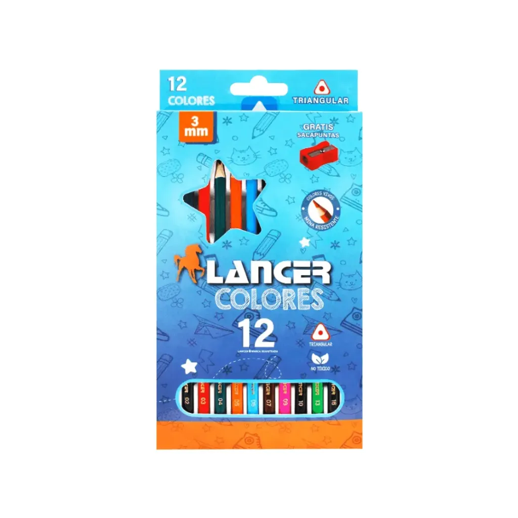 LÁPIZ 12 COLORES LARGO LANCER TRIANGULAR - 3 MM- SACAPUNTA