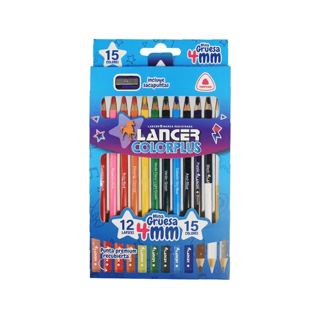LÁPIZ LANCER 12+3 COLORES LARGOS TRIANGULAR 4MM INCLUYE SACAPUNTA