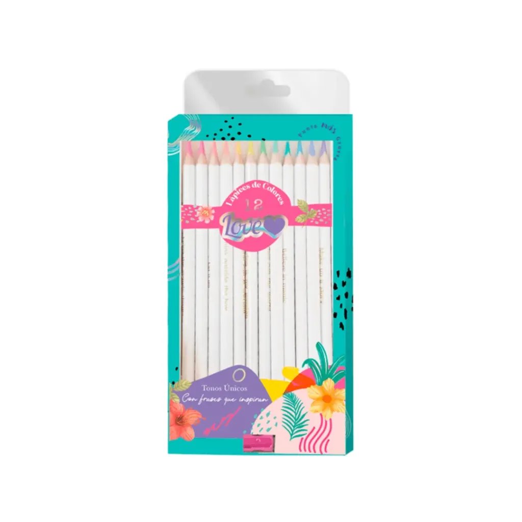 LÁPIZ DE COLOR LOVE 12 COLORES LARGOS TRIANGULAR + SACAPUNTAS