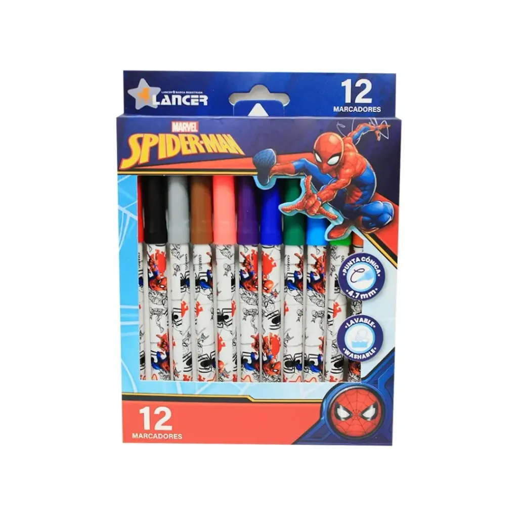 MARCADOR 12 COLORES-SPIDERMAN PUNTA CÓNICA 4.7MM