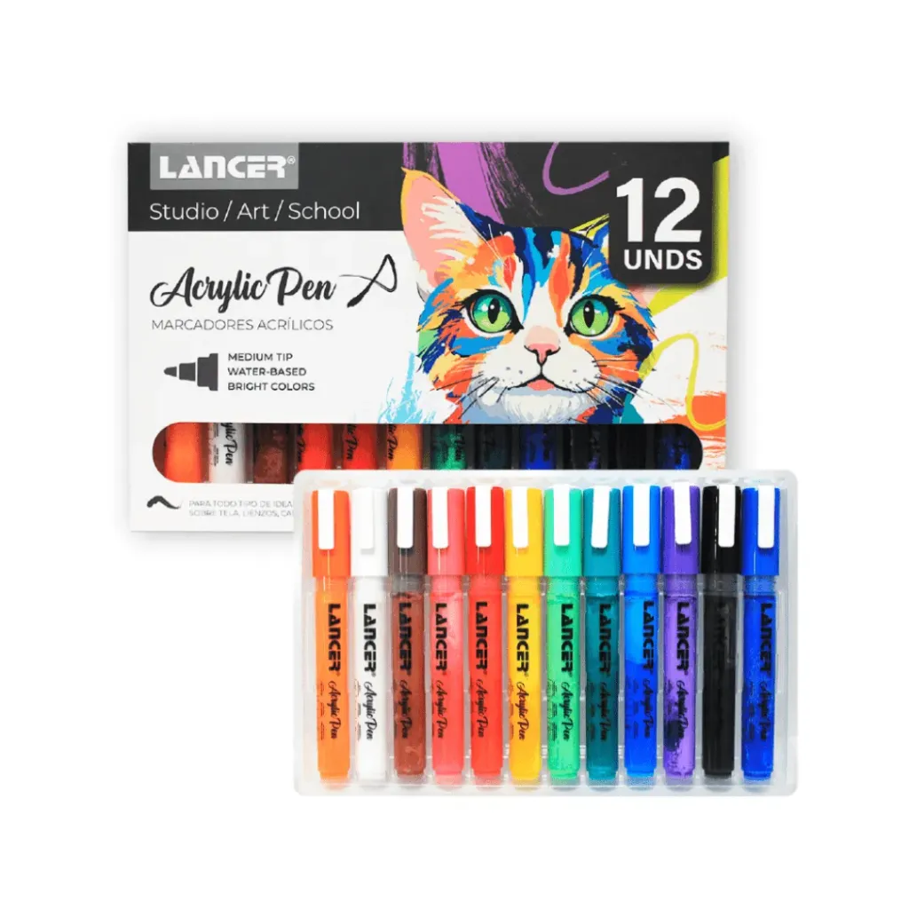 MARCADOR ACRÍLICO LANCER PUNTA MEDIA 12 COLORES