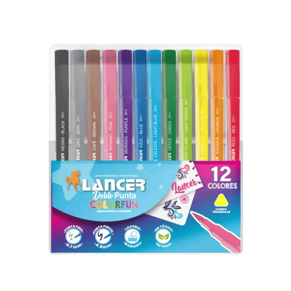 MARCADOR LANCER DOBLE PUNTA 12 COLORES TRIANGULAR-0.7MM/4.5MM