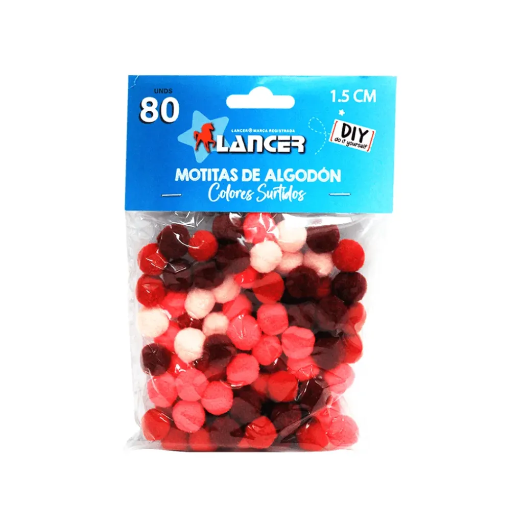 MOTITAS DE ALGODÓN COLORES ROJOS SURTIDOS- 1.5CM-80 UND