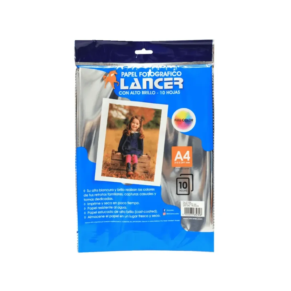 PAPEL FOTOGRÁFICO A4 GLOSSY LANCER 230 GR RESISTENTE AL AGUA
