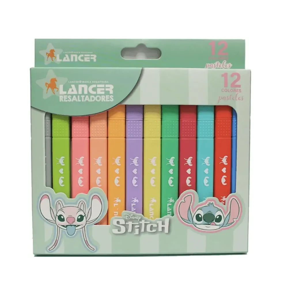 RESALTADOR 12 COLORES PASTELES-STITCH PUNTA BISEL 4MM
